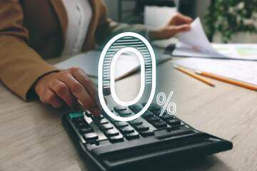 Woman with paperwork using calculator at table, closeup. 0 percent representing zero commission