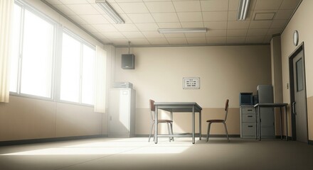 A desolate retro anime police precinct interrogation room, stark and silent, awaiting a suspect.