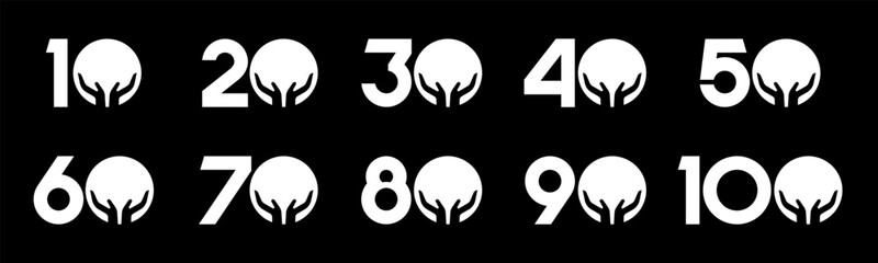 Set of collection numbers 10 to 100 with hand giving elements vector illustration. Caring hands element with numbers 10, 20, 30, 40, 50, 60, 70, 80, 90, 100 for greetings, anniversaries and more.