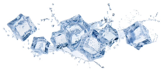 Ice cubes and splashing water in air on white background