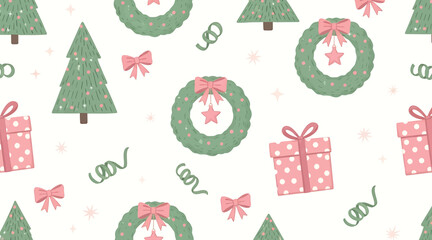 Festive christmas pattern with trees, wreaths, and gifts a seamless design for holiday wrapping paper, fabric, and backgrounds isolated on white background