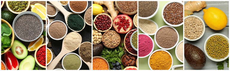 Superfood. Different powders and food products, collage. Top view