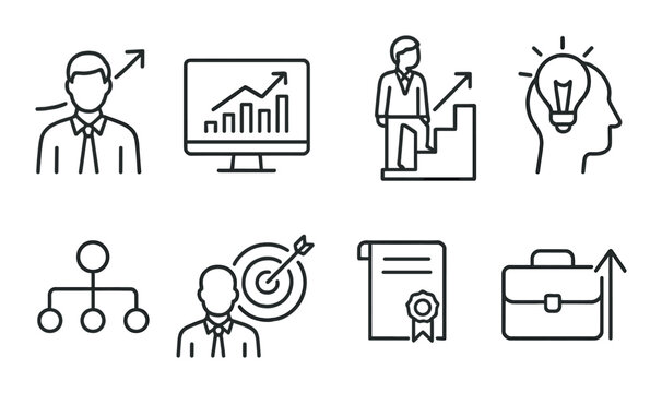 Business growth icons: charts, strategy, success, and innovation