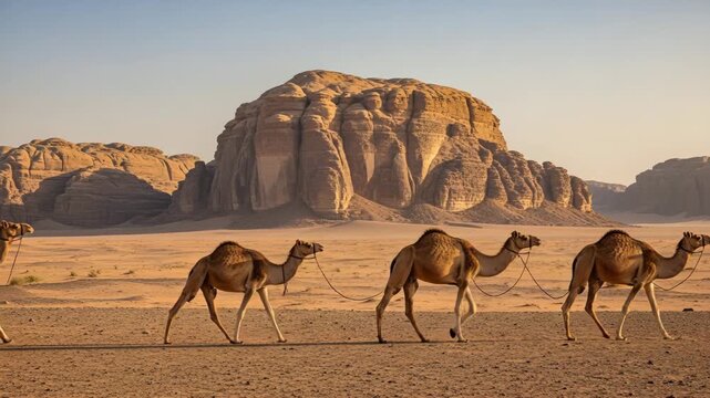 Three Dromedary Camels Trekking Across Sandy Desert Landscape with Dramatic Rock Formations at
