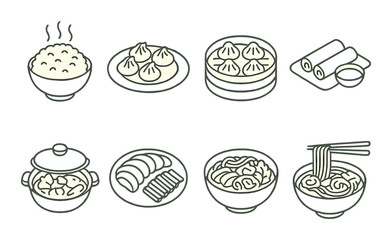 Asian cuisine icons: dumplings, noodles, rice, and more on gold background
