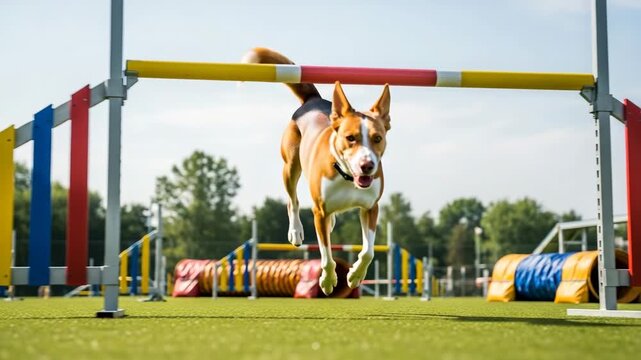 Energetic dog mid-air jump over agility course hurdle with colorful obstacles and tunnels in