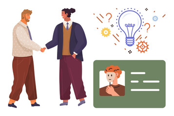 Two professionals shaking hands, light bulb with gears and question marks symbolizing creativity, and identification card. Ideal for teamwork, collaboration, business, creativity, networking