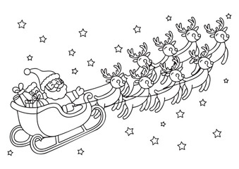 Adorable Christmas coloring page with Santa and reindeer.