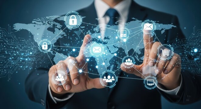 Connecting global networks through digital communication in a modern office setting