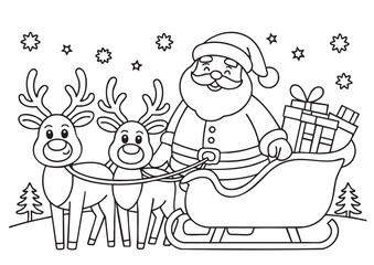 Cute Santa Claus with reindeer coloring page. Merry Christmas