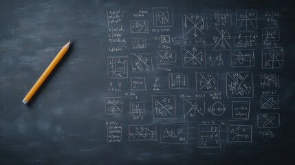 A close-up view of a chalkboard filled with mathematical sketches and equations, accompanied by a wooden pencil on the side.