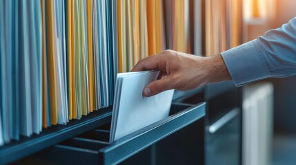 A hand placing a document into a file cabinet filled with colorful folders, emphasizing organization and office work.