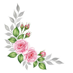 Fototapeta premium Elegant pink roses and green leaves floral arrangement for romantic designs isolated on transparent background