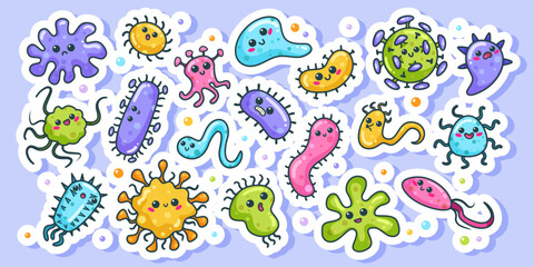 Colorful cartoon microbes with various shapes and facial expressions, outlined in white, on a light purple background. Vector illustration