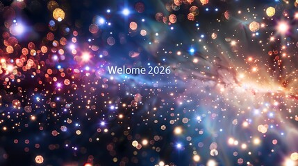 Bokeh lights and stars with the text welcome two thousand twenty six in the center of the image