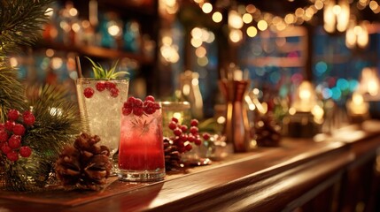 A festive bar scene with Christmas-themed cocktails and decorations,