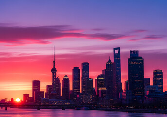 Fototapeta premium Pink And Purple City Skyline At Sunset