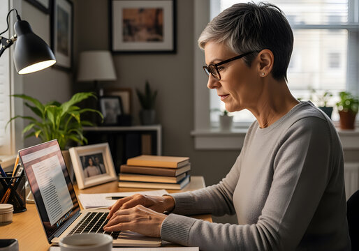 Mature woman with eyeglasses using laptop, working remotely from home office