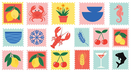 Colorful Stamp Grid – 16 Square Postage Designs Featuring Fruits, Sea Creatures, Plants, and Summer Icons with Vibrant Backgrounds and White Borders for Decorative, Coastal, and Seasonal Projects