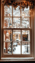 Charming snowy town street with Christmas tree, glowing lanterns, and soft warm evening light