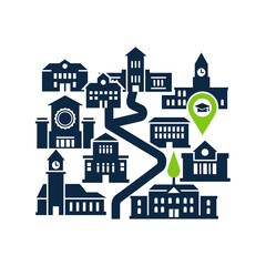 Vector icon representing a school campus layout with buildings and a winding pathway