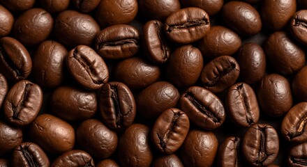 Fototapeta premium A macro close-up of roasted coffee beans. Aromatic brown espresso beans creating a full frame background and texture