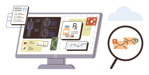 Computer screen displaying medical records, diagnostics, and data charts under analysis with email notifications in close-up. Ideal for healthcare, technology, cybersecurity, data management