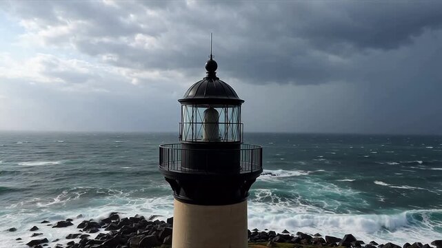 anemometer. Lighthouse structure during a storm with meteorological instrumentation. ESG reports, sustainability campaigns, designed for sustainability communications and ESG reporting.