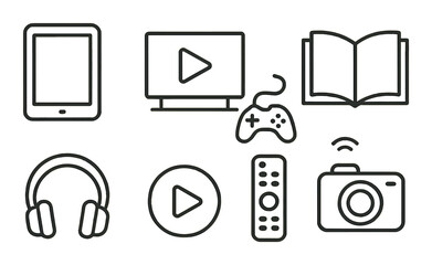 Technology icons: tablet, play button, book, game controller, headphones, remote, camera