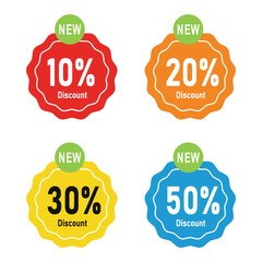 Colorful discount label set with sale percentage tags for marketing and promotion.