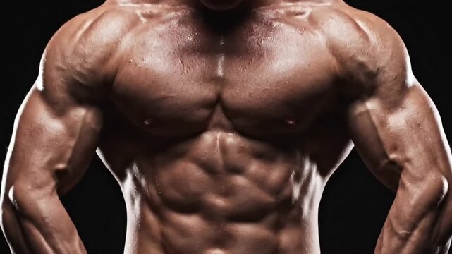 Close Up of a Muscular Upper Body with Sweat Droplets on Smooth Skin on a Solid Black Background in Dark Studio Lighting with Visible Veins and Defined Muscles