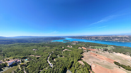 Mountain lake Lac de Sainte-Croix and forest landscape, Alpes-de-Haute-Provence, France, Europe.