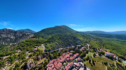 Village Aiguines village in Provence with surrounding mountains, Alpes-de-Haute-Provence, France, Europe.