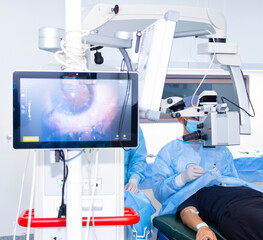 A doctor performs eye surgery in an operating room. Concepts of eye diseases, ophthalmology, vision health, vision diagnostics, and the medicine of the future.