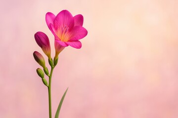 A captivating close-up shot of a vibrant magenta freesia flower with unopened buds on an alluring