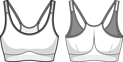 Sport bra front and back view, activewear design, fitness underwear template, women sports top, athletic bra mockup, vector illustration
