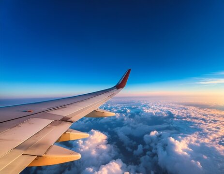 stunning view of airplane wing flying above the clouds m perfect for travel blogs airline promotions wanderlust themed content and vacation or adventure marketing projects