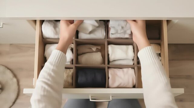 Close-Up Overhead View Of Hands Folding Laundry Into Drawer Organizers For Neat Storage And Decluttering