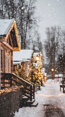 Festive snowy night street in small town with twinkling lights and cozy Christmas spirit