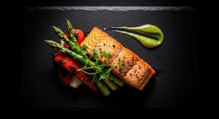 Fresh Grilled Salmon Fillet with Green Asparagus Cherry Tomatoes and Herb Garnish on Black Slate Plate