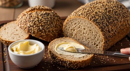 Freshly baked sesame bread with creamy butter served on a wooden board