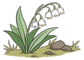 Illustration of a black lily of the valley plant with green leaves and a small rock isolated on transparent background