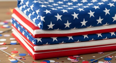 A stack of folded patriotic napkins with red, white, and blue colors, adorned with stars and stripes, set against a rustic wooden backdrop with confetti