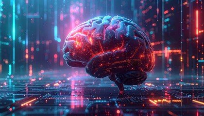 Digital Brain: A mesmerizing view of a glowing brain illuminated with the vibrant colors of technology, sparks an intense interest in intellect and artificial intelligence.