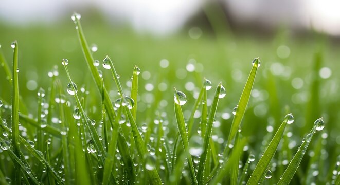 Sparkling dew drops glisten on vibrant green grass blades creating a fresh, natural morning scene with soft bokeh background - Powered by Adobe
