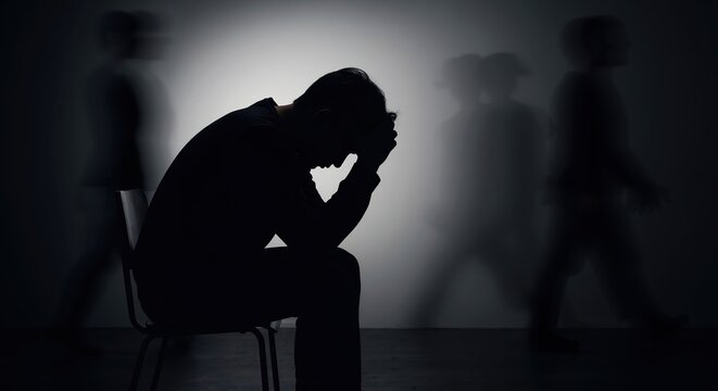 Silhouette of a depressed man sitting alone in a dark room. Blurry figures walk past, representing social isolation. Mental health, anxiety, and stress concept