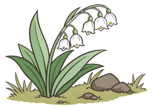 Illustration of a black lily of the valley plant with green leaves and a small rock isolated on transparent background