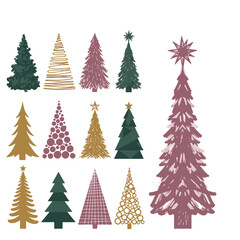 Hand-drawn Christmas tree illustrations in vector format.