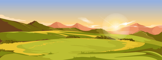 Fototapeta premium Scenic green valley with rolling hills and distant mountains under an orange sunrise sky, minimal flat style on clear background. Concept of tranquility. Vector illustration