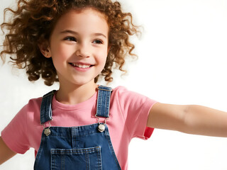 Happy little girl with curly hair wearing pink top and denim overalls